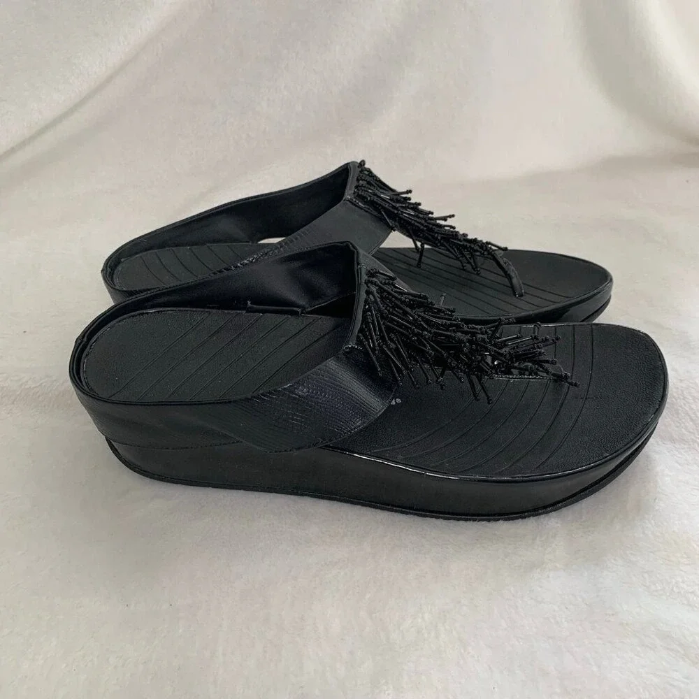 Cloudwalkers by Avenue Daytona Sandals Women 11W Black Beaded Fringe Wedge Thong